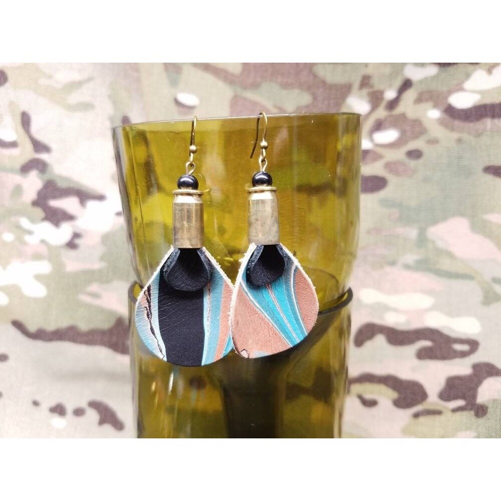 Up-Cycled Spent Brass Marbled LeatherTeardrop Bullet Shell Earrings